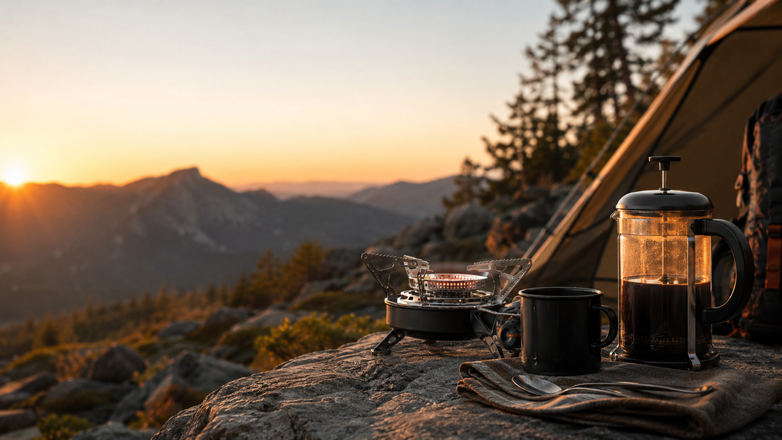 French press coffee and portable camping stove at a mountain campsite