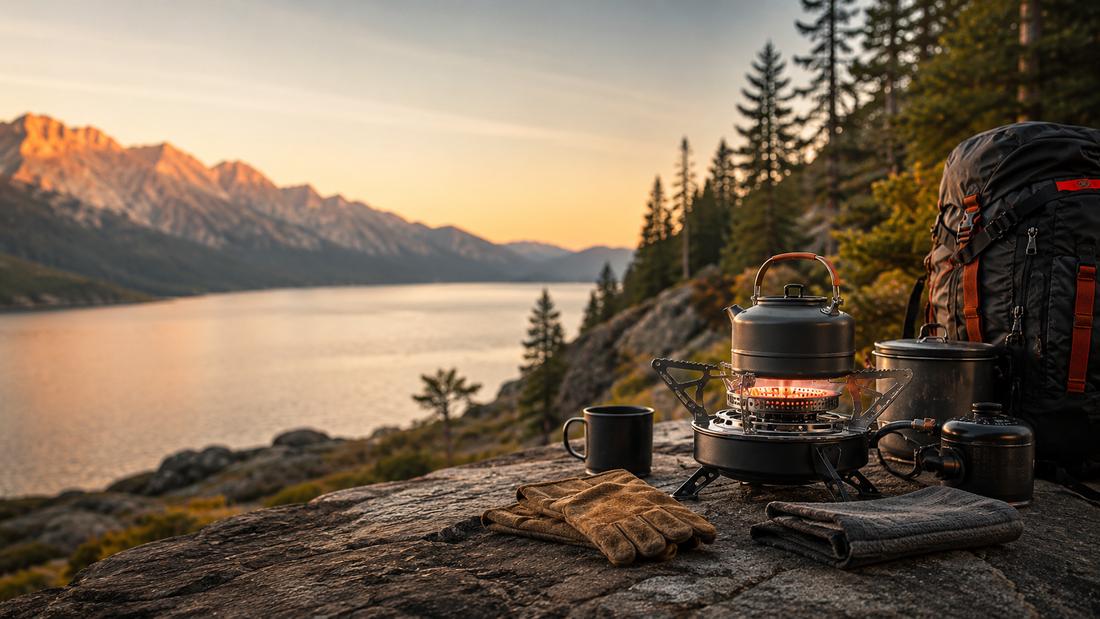 Camping stove set up safely outdoors with stable cookware and heat-resistant gloves