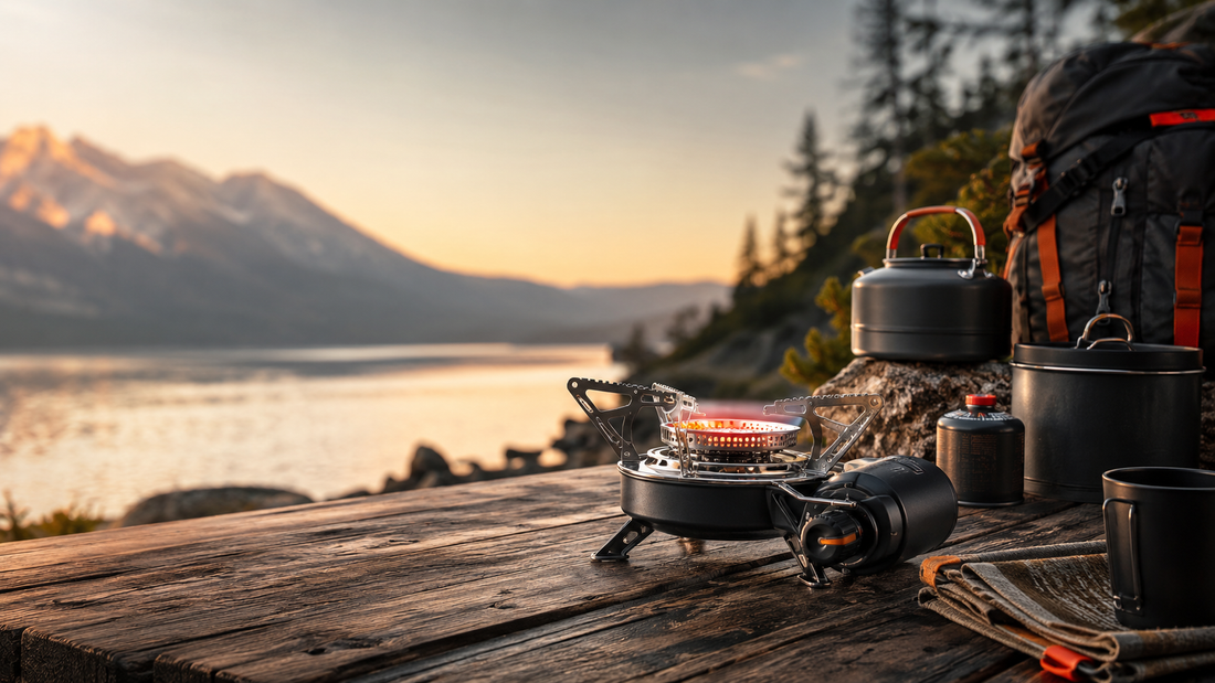 Portable camping stove and cookware at an outdoor lakeside campsite