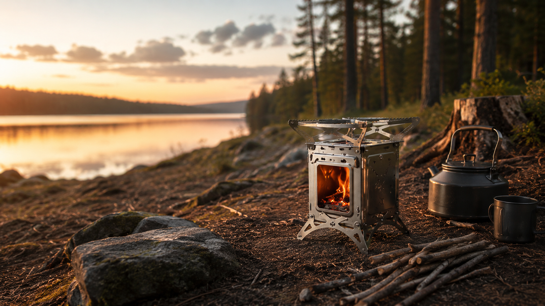 Wood-burning camping stove with natural twig fuel beside a lakeside campsite