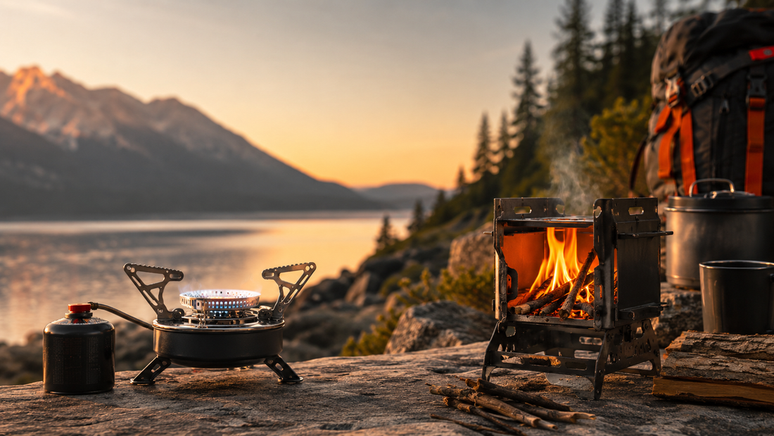 Gas camping stove and wood-burning camping stove compared at an outdoor campsite