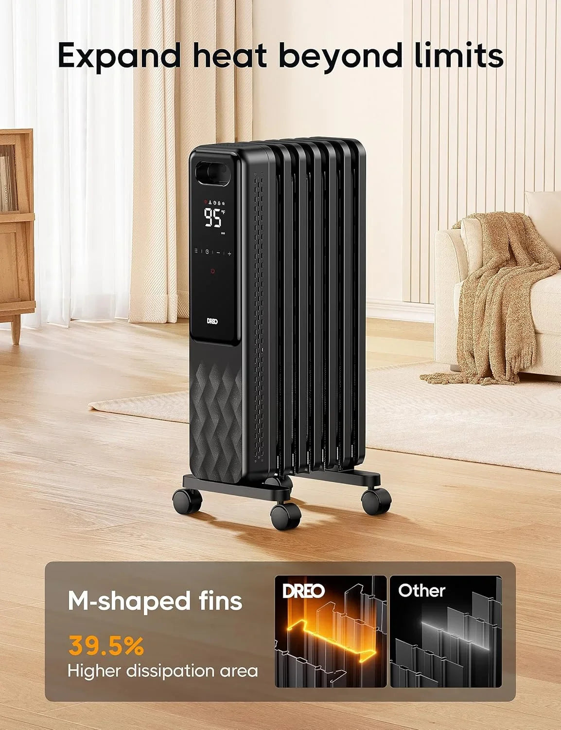 2026 NewDreo Oil Filled Radiator, Electric Radiant Heaters for indoor use Large Room with Remote Control, Child Lock, 4 Modes, Overheat & Tip-Over Protection, 24h Timer, Digital Thermostat, Quiet, 1500W