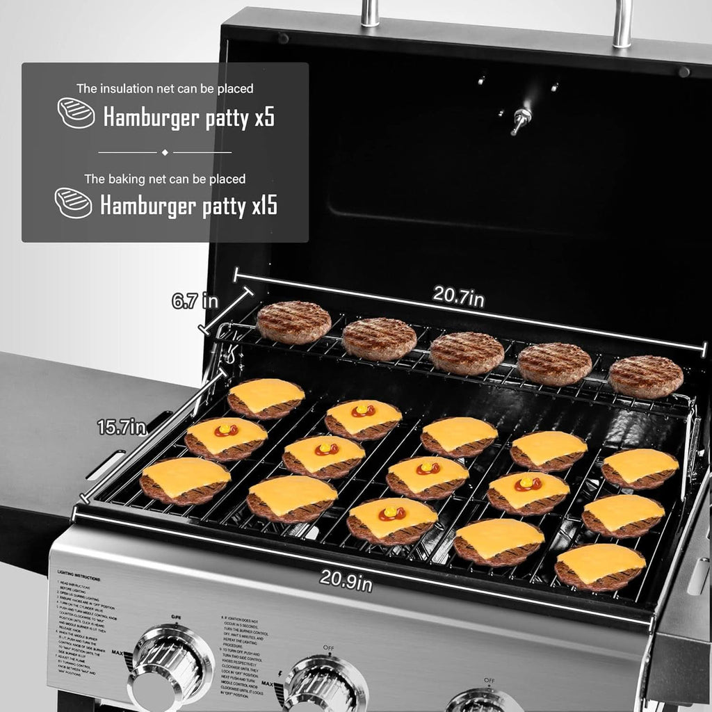 30,000 BTU 3-Burner Propane Gas Grill with Folding Side Shelves
