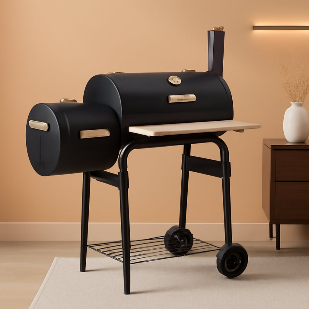 Large Offset Charcoal Smoker & Grill with Side Firebox