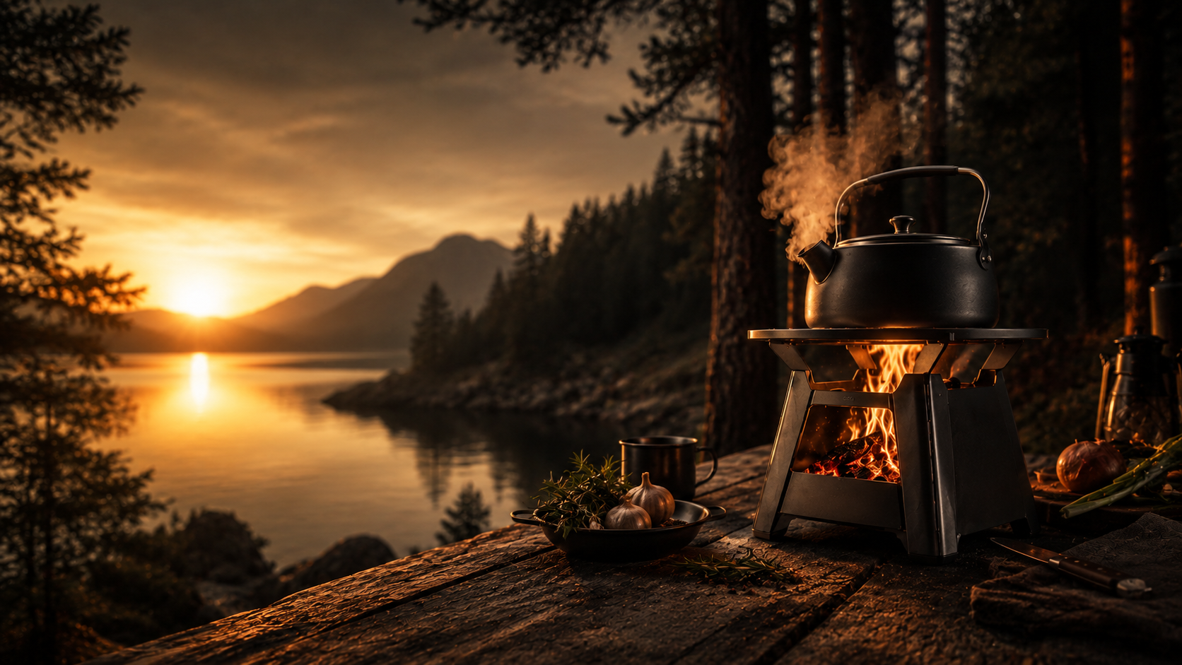 Golden hour lakeside camp kitchen with kettle over live fire