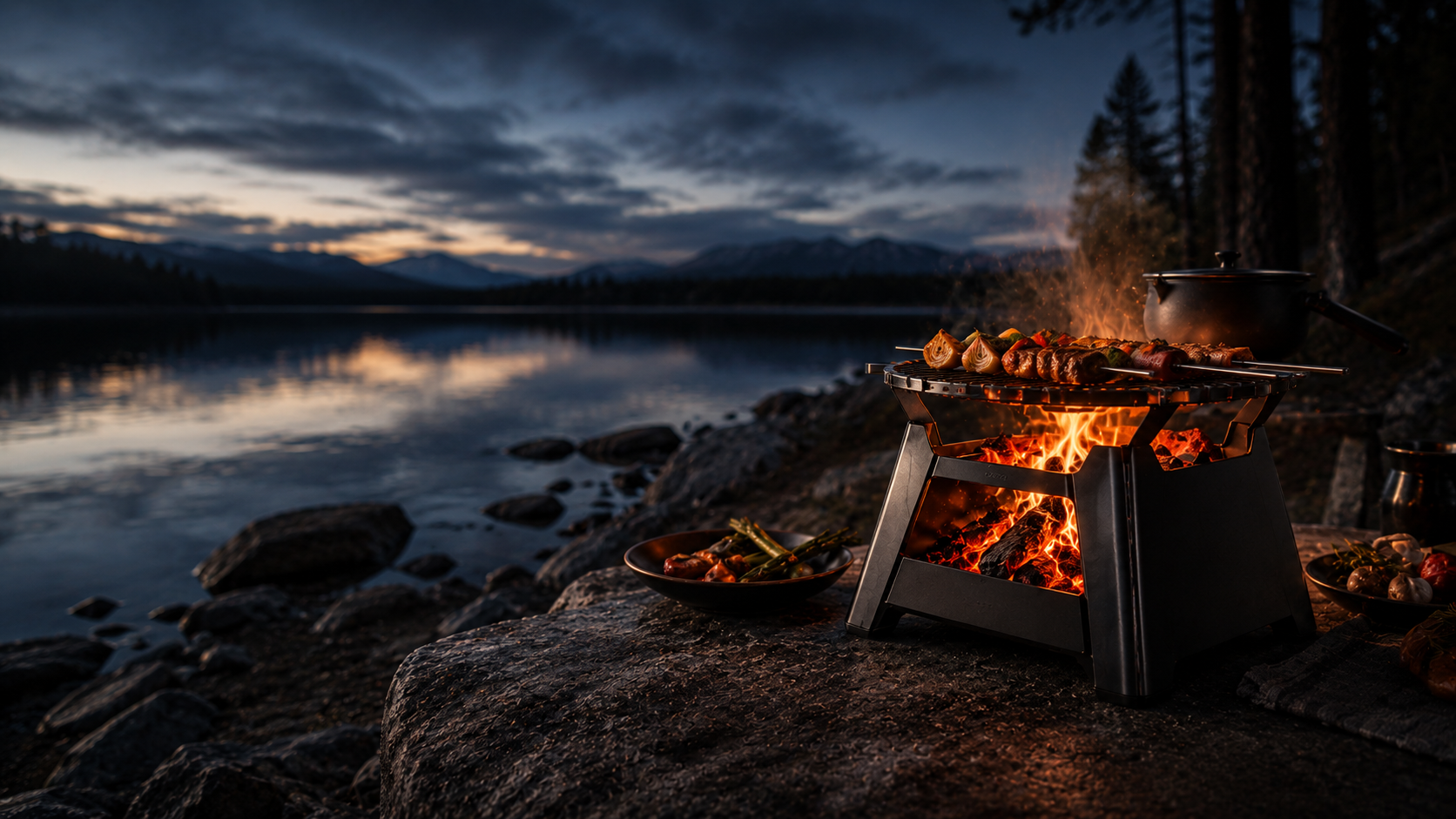 Twilight lakeside grill feast with glowing coals