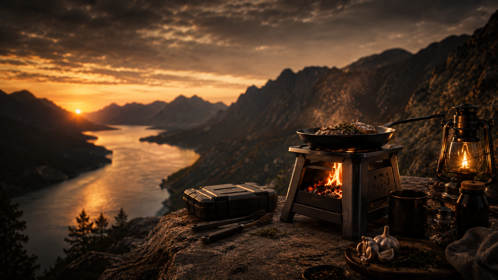 Sunset camp cooking by the fjord with portable stove and pan
